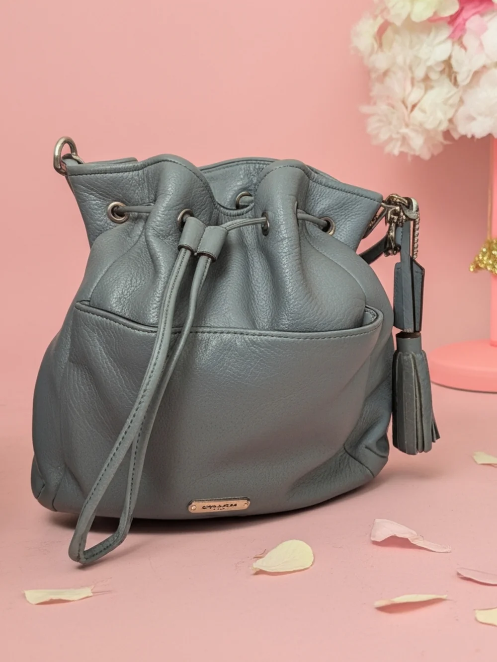 Coach Avery Pebbled Leather Bucket Bag in Teal Blue